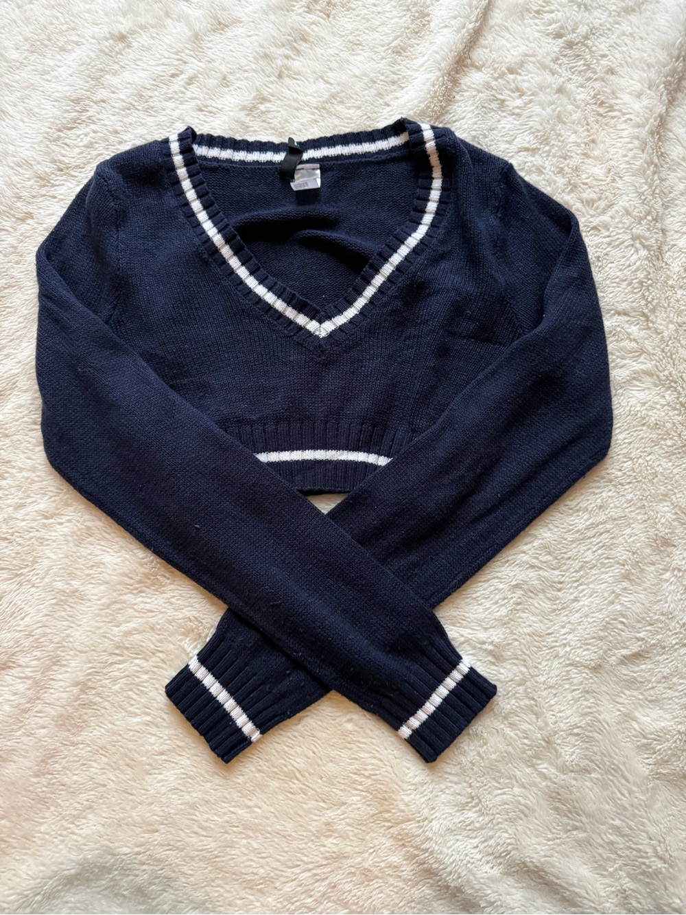 Divided Navy V-Neck Cropped Sweater with White Stripe Trim